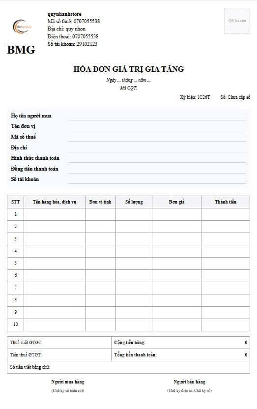 Mẫu hóa đơn điện tử Beinvoice - Hóa đơn giá trị gia tăng